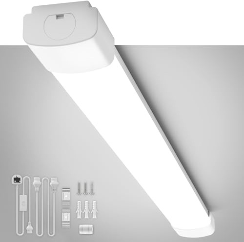 Plug in LED Batten Light 2ft 6500K Daylight 18W 2000LM, IP65 Waterproof, Linkable Plug in Strip Lights for Garage Office Kitchen Under Cabinet Shed Loft, Wall or Ceiling Lighting with ON/Off Switch