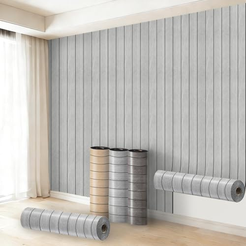 Anttyscar 8 Rolle Selbstklebend Tapete Holzoptik Hellgrau Tapete Akustikpaneele Holzwand 3mm Verdicken 3D Effekt Skandi Holzpaneele Natur Optik Modern Holzwand Wasserdicht 40 cm x 300 cm