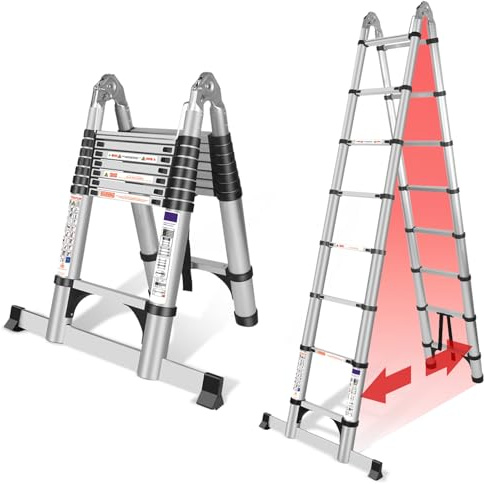 Scala Telescopica Pieghevole Argento 5 Metri | Alluminio, Scala di Alta Qualità con Stabilizzatore, Scala Multiuso e Allungabile, Robusta Portatile, Scala da Appoggio