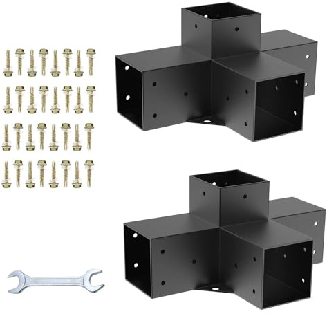 Kit Staffe per Pergolato, Staffe Angolari a 4 Vie 90° Adatte per Pali 95,5×95,5 mm, Kit di Montaggio in Acciaio per Strutture Esterne, 2 Pezzi