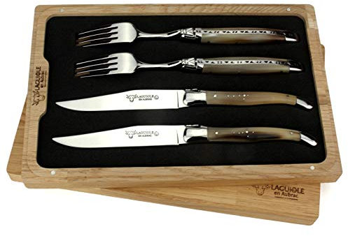 Laguiole en Aubrac - 2 Steakmesser und 2 Gabeln im Set - Griff polierte Hornspitze - Original Frankreich mit Zertifikat