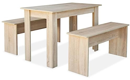 vidaXL Essgruppe 3-TLG. Holzwerkstoff Eiche Tisch Bänke Sitzgruppe Esstisch Esszimmertisch Tischset Esszimmermöbel Esszimmerbank Küchenbank