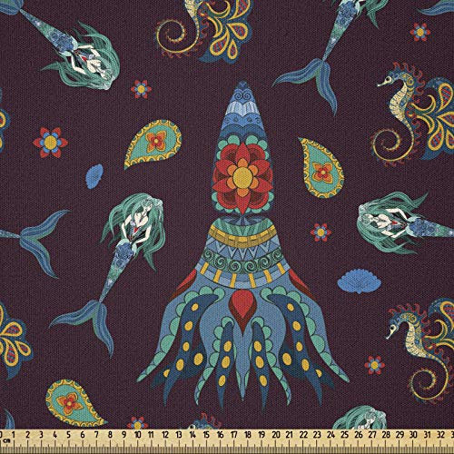 ABAKUHAUS Tintenfisch Stoff als Meterware, Meerjungfrau ethnischen Stil, Microfaser Multi Zweck Dekostoff für Kunsthandwerke, 3M (230x300cm), Mehrfarbig