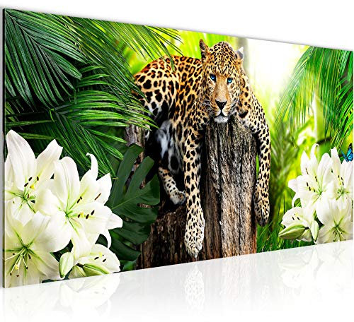 Runa Art Wandbild Afrika Leopard 1 Teilig 100 x 40 cm Modern Bild auf Vlies Leinwand Natur Savanne Wohnzimmer Schlafzimmer Grün 006712a
