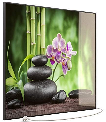 STEINFELD Heizsysteme® Glas Bild Infrarotheizung Flachheizkörper mit Thermostat | Made in Germany | viele Motive 350-1200 Watt Rahmen schwarz (1200 Watt, 055 Zen Basaltsteinen)