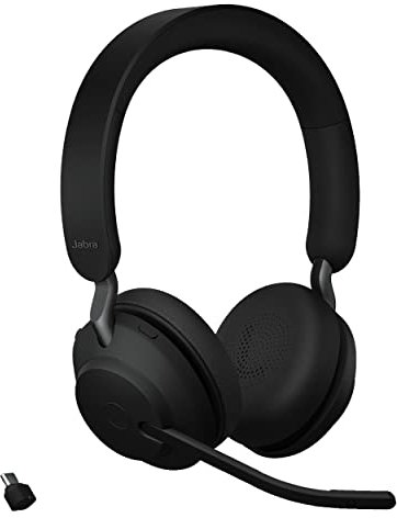 Jabra Evolve2 65 Wireless PC Headset – Cuffie stereo certificate Microsoft Teams con batteria a lunga durata – Adattatore USB-C Bluetooth – Nero