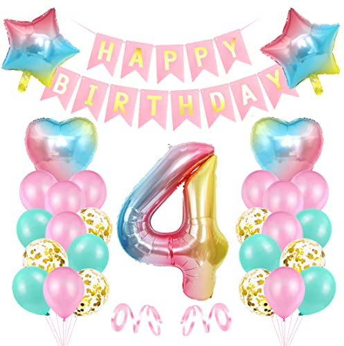 Luftballon 4. Geburtstag Rosa - Deko für Mädchen, Riesen Folienballon, Bunt Folienzahlen Ballons, Banner