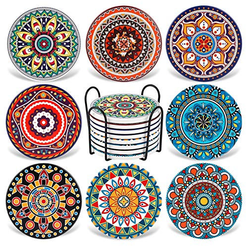 AODINI Lot de 8 Dessous de Verre en Pierre absorbante pour Table en Bois, Dessous de Verre Mandala en céramique avec Base en liège, Cadeau pour Pendaison de crémaillère, Anniversaire et Famille –