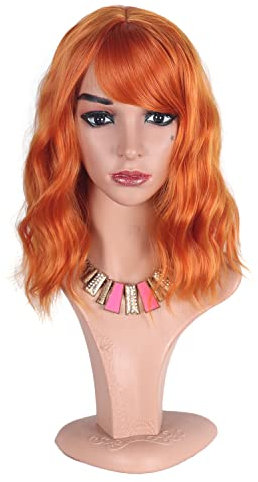 Greenmirr Short Orange BOB Wellige Perücken mit Pony Hitzebeständiges Kunsthaar 14in