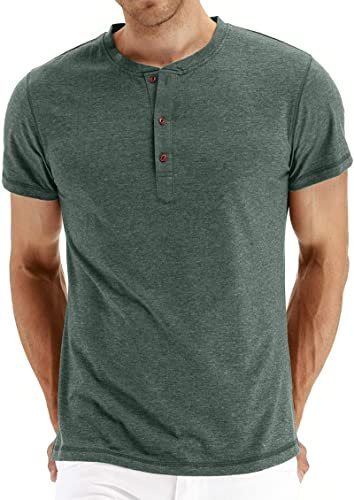 Hisir Henley Camisa Hombres Verano Clásico Algodón Manga Corta Botón Camisa Casual Camisetas para Hombres (Colorido Verde, S)