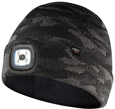 NEO TOOLS LED Mütze mit Licht, LED-Taschenlampe, Beleuchtete, 100% Acryl, max 180 Lumen, eingebautem Akku und USB-Ladeanschluss, wasserdicht (CAMO URBAN)
