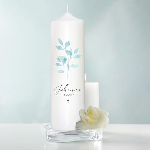 Wandtattoo Loft Trauerkerze Blätter Zweig hellblau personalisiert mit Namen und Datum, Trauerkerze 25x7 cm, personalisierte Trauerkerze, Kondolenzkerze, Beileidskerze, Trauerlicht, Grabkerze