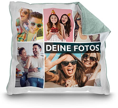 PR Print Royal Kissen mit Fotocollage selbst gestalten - mit 5 Fotos Personalisieren - Geschenk für Freunde und Familie | Rückseite Pastellgrün, inkl. Kissenfüllung, 40x40cm