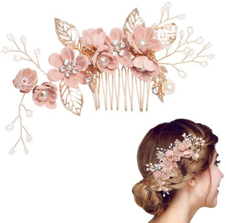 Vokowin Bridal Flower Side Hair Clips, Hair Clip Rhinestone Bridal Hair Accessories, Floral Bridal Headpiece, Fashion Girls Wedding Hair Piece (Pink) (K52-1)