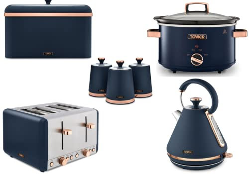 Tower Cavaletto Midnight Blue & Rose Gold 3KW 1.7L Pyramid Kettle, 4 Slice 1800W Toaster, 6.5L Slow Cooker, Bread Bin & Set of 3 Tea, Coffee, Sugar Canisters. Matching Kitchen Set of 7 Items