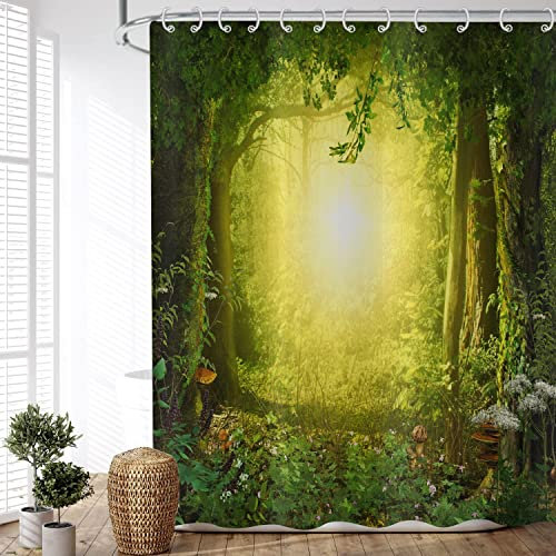 ASDCXZ Duschvorhang Wald 180x180 cm, Naturlandschaft Grün Wald Sonnenschein Motiv Wasserdicht Textil Bad Duschvorhänge Waschbar Polyester Stoff Duschvorhang für Badewanne mit 12 Duschvorhang Hake
