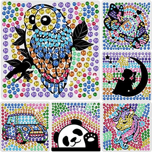 Yazhiji 6 Blatt Diamant-Fensterkunst-Bastelsets für Kinder, Sonnenfänger-Set für Alter 6 7 8 9 10 Eule Einhorn DIY Diamant-Malset für Mädchen oder Jungen ab 6 Jahren, Edelstein-Aufkleber als Party