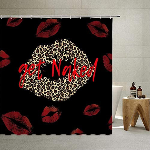 MEKPAM Duschvorhang Lustig Nackt Sexy Rot Schwarz Lippendruck Valentinstag Fashin Mädchen Charmante Frau Mann Romantisch Liebhaber Dame Schatz Bad Duschvorhang Mit Haken 180x180cm