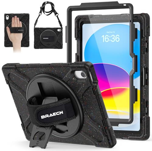 BRAECN für iPad 11(A16)/10 Generation Hülle 11/10,9 Zoll 2025/2022, Robuste Stoßfeste Schutzhülle mit Displayschutz, Handgurt und Ständer, Stifthalter, Schultergurt, Sternenlicht Schwarz