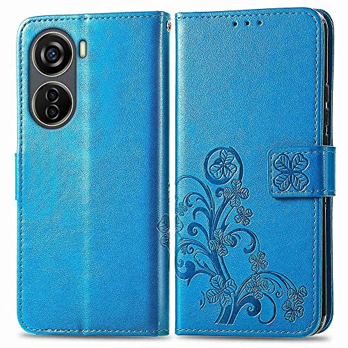 RankOne Hülle aus Leder für Nubia Neo/ZTE Blade V40 Design / V50 Design / V41 Vita 5G (6.6 Inches), Wallet Case mit 3 Kartenfächern 1 Münzfach Vierblättriges Kleeblattmuster - Blau