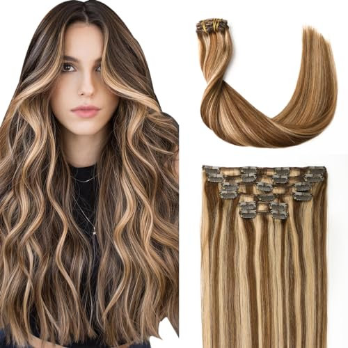 Sindra Balayage Clip in Extensions Echthaar Natürliche Weiche Handgemachte Haarverlängerung Echthaar Schokoladenbraun bis Karamellblond Lang Seidig Gerade 6 Stück 100g 40cm C#4P27