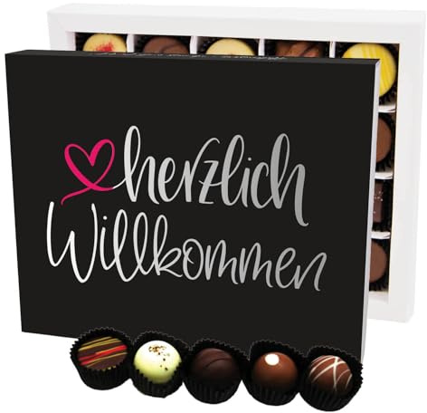 Hallingers Genuss Manufaktur Pralinen Glückwunsch-Geschenk - ohne Alkohol, handmade aus Confiserie-Edelkakao in wertiger XL-Geschenkbox Herzlich Willko..., Geschenkidee für Frauen Männer