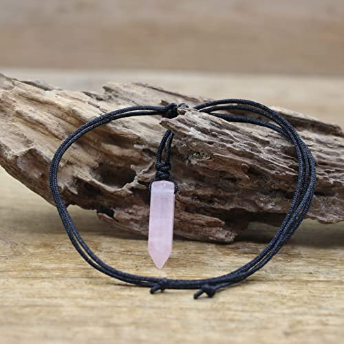 Natural Crystal Stone Quartz Hexagonal Point Pendant Necklace Stone Stick Jewelry for Men Adjustable Size,Rose Quartz