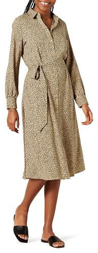 Amazon Essentials Damen Langärmliges Midi-Hemdkleid aus Georgette, Taupe Leopardenmuster, S