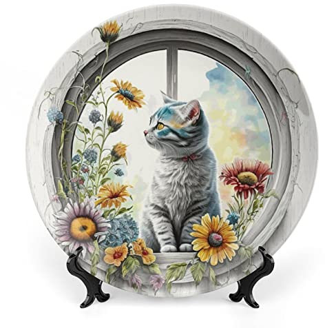 Gokays Divertente piatto decorativo per finestre, con acquerello, girasole e gatto, rotondo, fatto a mano, in ceramica, con espositore per casa, ufficio, tavolo, piatti in porcellana, 15 cm