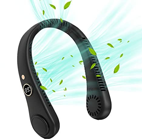 Uaste Portable Neck Fan, LED Digital Display USB Charging, 360° Wearable Fan - 5 Wind Speeds, No Hair Twisting, No Leaf Design - Perfect Outdoor Neck Sloan Necklace Fan (Premium, Black) (MAC-707)