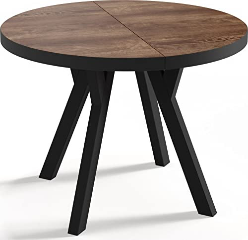 WFL GROUP Designer Runder Ausziehbarer Esstisch - Loft-Stil, Industriell, Platzsparend - Schwarze Beine - 100 bis 150 cm - für 5-8 Personen - Hergestellt in EU - Arvadonna Chestnut - 150 cm