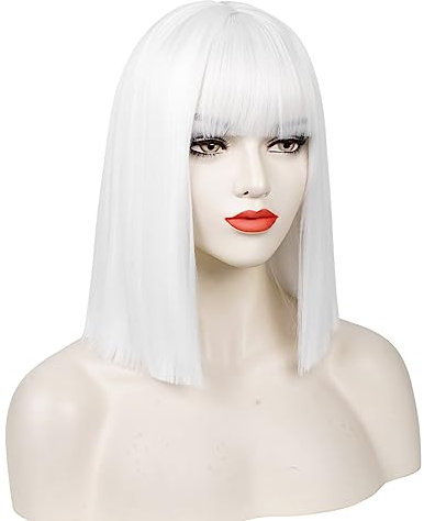 Kurze weiße Bob Perücke mit Knall, TOMIGO Kurze gerade weiße Perücke Weiße Synthetische Bob Perücke für Frauen Täglich und Cosplay