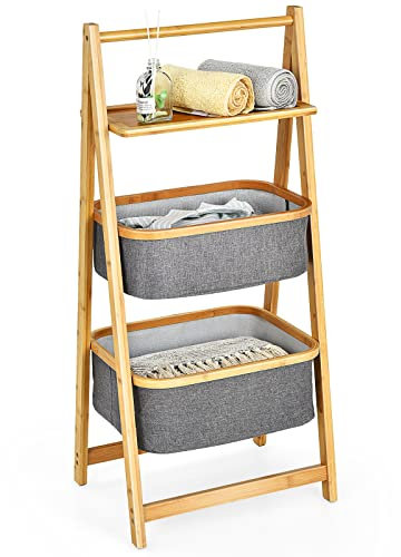 COSTWAY Bamboo Laundry Basket, Freestanding A-Frame Laundry Hamper with Fabric Storage Bins, Bathroom Washing Dirty Clothes Sorter Laundry Organizer Unit (Unfolding with 2 Baskets+1 Shelf)
