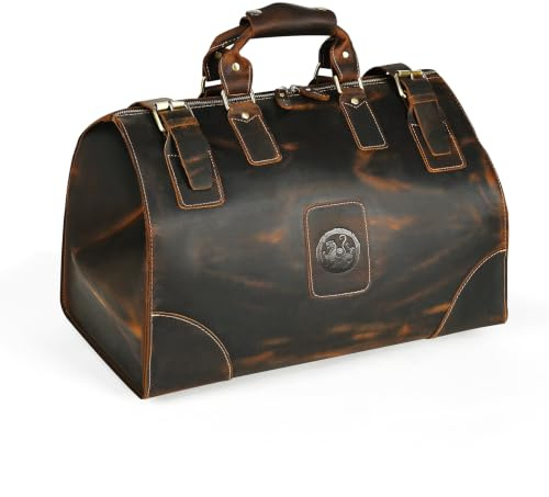 Wasserabweisend Canvas Crazy Horse Leder Reisetasche 35L Trim Unisex Handgepäck Weekender Tasche Sporttasche für Reise Wochenende Urlaub FB8151 (100% Echtleder- Braun)