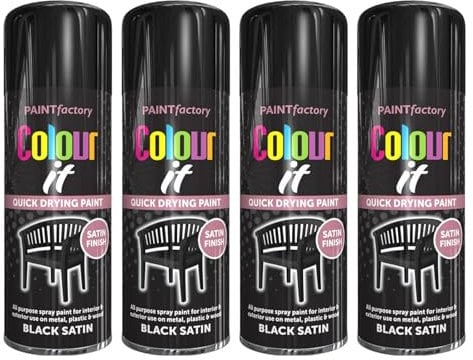 YSAMAX 4pc Satin Black Spray Paint, Multipurpose Aerosol Paint, Quick Drying Balck Paint for Wood, Metal, Indoor & Outdoor Surfaces (250 ml)