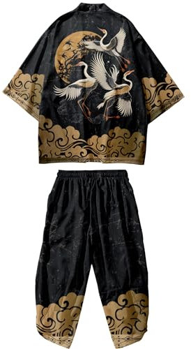 DOSLAVIDA Ensemble de cardigan style kimono japonais pour homme, style chinois, avec veste imprimée et pantalon, haut ouvert à manches 7/8 et short, Large