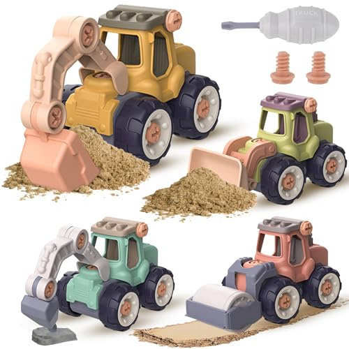 Prmape 5 Pièces Assemblage Vehicules de Chantier Kit, 4pcs Véhicules de Chantier Jouets Enfants avec 1pcs Tournevis, 4 en 1 DIY Véhicules De Construction pour Garçon Fille