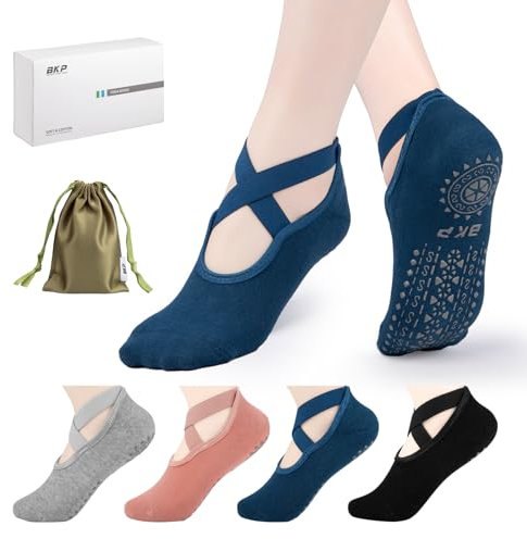 BKP Yoga-Socken, rutschfeste Barfuß-Socken für Damen, geeignet für Pilates, Ballett, Plastizität, Tanz, Zuhause, Training, 4 Paar (1 grau, 1 schwarz, 1 blau, 1 rosa), 37 EU