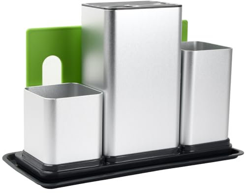 3 en 1 Porta Cuchillos Acero Inoxidable, 33x23cm, Bloque Universal para Cuchillos con 8 Ranuras, Soporte para Utensilios de Cocina, Organizador Cubiertos Bote para Encimer, con Bandeja de Agua