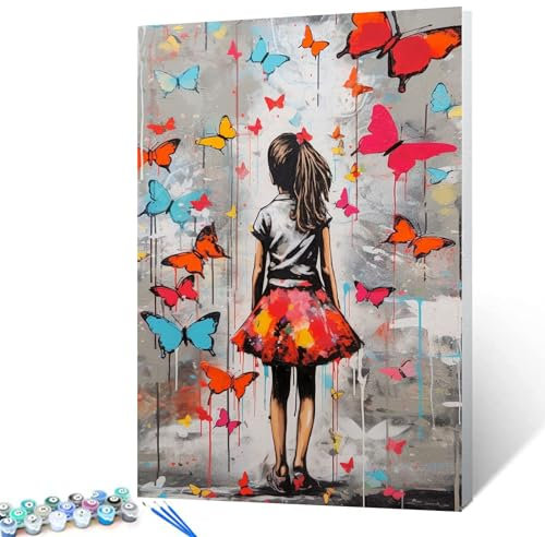 Tucocoo Malen nach Zahlen, bunte Schmetterlinge, 40 x 50 cm, Leinwand, Graffiti-Ölgemälde für Erwachsene, mit Pinseln und Acrylpigment, Banksy Girl Street Art Bild für Heimdekoration (ohne Rahmen)