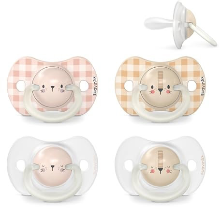 Suavinex, 4er-Set Night&Day Schnuller für Babys von 6-18 Monaten, Leuchtend im Dunkeln Babyschnuller, Schnuller mit Physiologischem Sauger SX Pro aus Silikon, Symmetrisch, Rosa, Beige