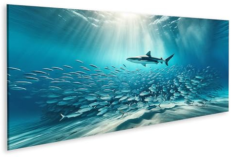 islandburner Bild auf Leinwand Stille Unterwasserwelt: Hai umgeben von Fischschwarm Bilder Wandbild Poster