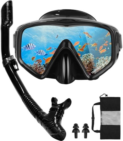 Maschera Subacquea Adulti Maschera Snorkeling Maschera e Boccaglio(Nero),Universale per Uomini e Donne,Con tappi per le orecchie.