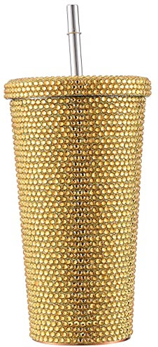 Bicchiere D'acqua con Borchie e Diamanti Scintillanti da 17 Oz con Coperchio e Strass, in Acciaio Inossidabile, con Cannuccia Termica Sottovuoto, Regalo per Donne, Mamma, Girlfreind(d'oro)