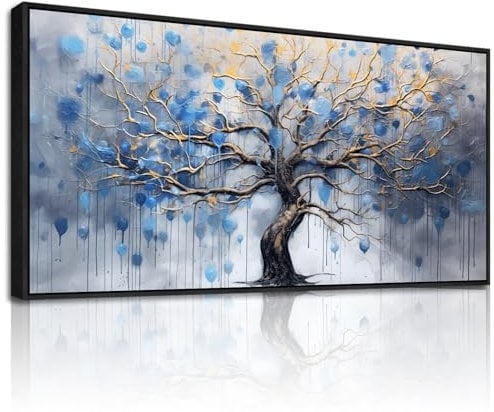 MHARTK66 Blauer Baum Bilder Mit Rahmen Schwarz, Bäume Abstrakt Leinwand Bilde Aesthetic, 50x100 cm Groß Wandbilder Wohnzimmer, Modern Wanddeko Kunstdruck Schlafzimmer Esszimmer Büro Küche