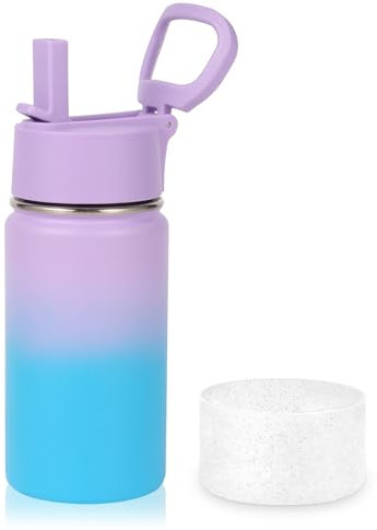 Volhoply 410ml 14oz Kids Stainless Steel Insulated Leakproof Tumbler Water Bottle with Straw Lid and Silicone Boot,BPA-Free Easy Use for Boys&Girls,Double Wall Vacuum Bottles(Lavender Blue,1)