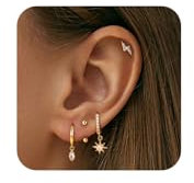 Morfetto 4 Paar 14K Vergoldete Hypoallergene Ohrring-Sets für Damen – Zarte Ohrstecker, Huggie-Creolen, Kleine Hoops und Hängende Knorpelohrringe für Mehrere Piercings14K Gold,Stern