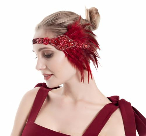 GIBZ Bandeau Vintage 1920s pour Femme, Serre Tête Gatsby à Plume en Strass, Accessoires de Cheveux à Paillettes pour Fête, Rouge