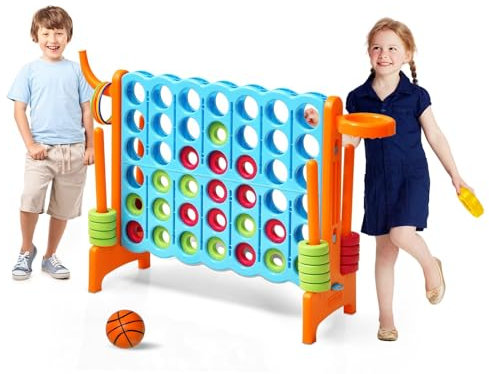 HOMASIS Riesiges 4 Gewinnt Spiel, 4 in Einer Reihe Spiel mit Basketballkorb & Wurfspiel, Strategiespiel mit 42 Ringen, XXL Brettspiel Spielzeug für Kinder & Erwachsene Outdoor (Blau + Orange)