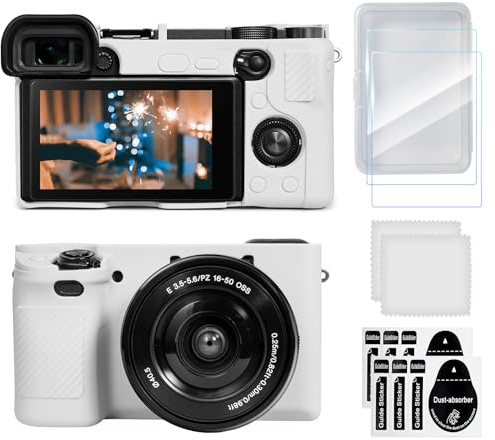 TYUANDOUER Case for Sony Alpha A6400 A6300, 2 Screen Protector, White | Soft Silicone Cover with Grip, Shockproof Anti-Scratch, Protects from Drops and Daily Wear, for Sony A6400 A6300 Travel